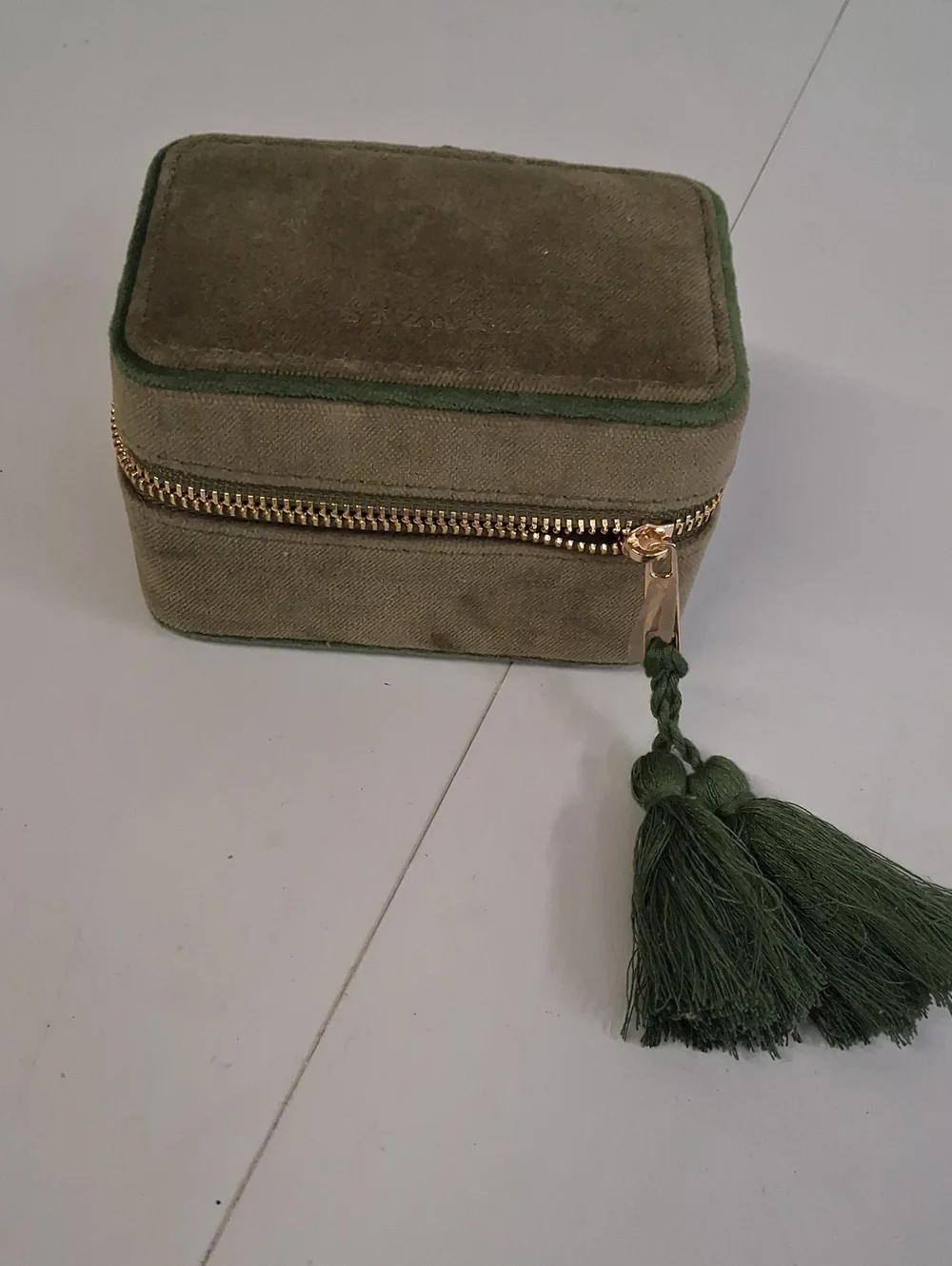 Sezane Olive Green Velvet Travel Jewelry Case with Tassel